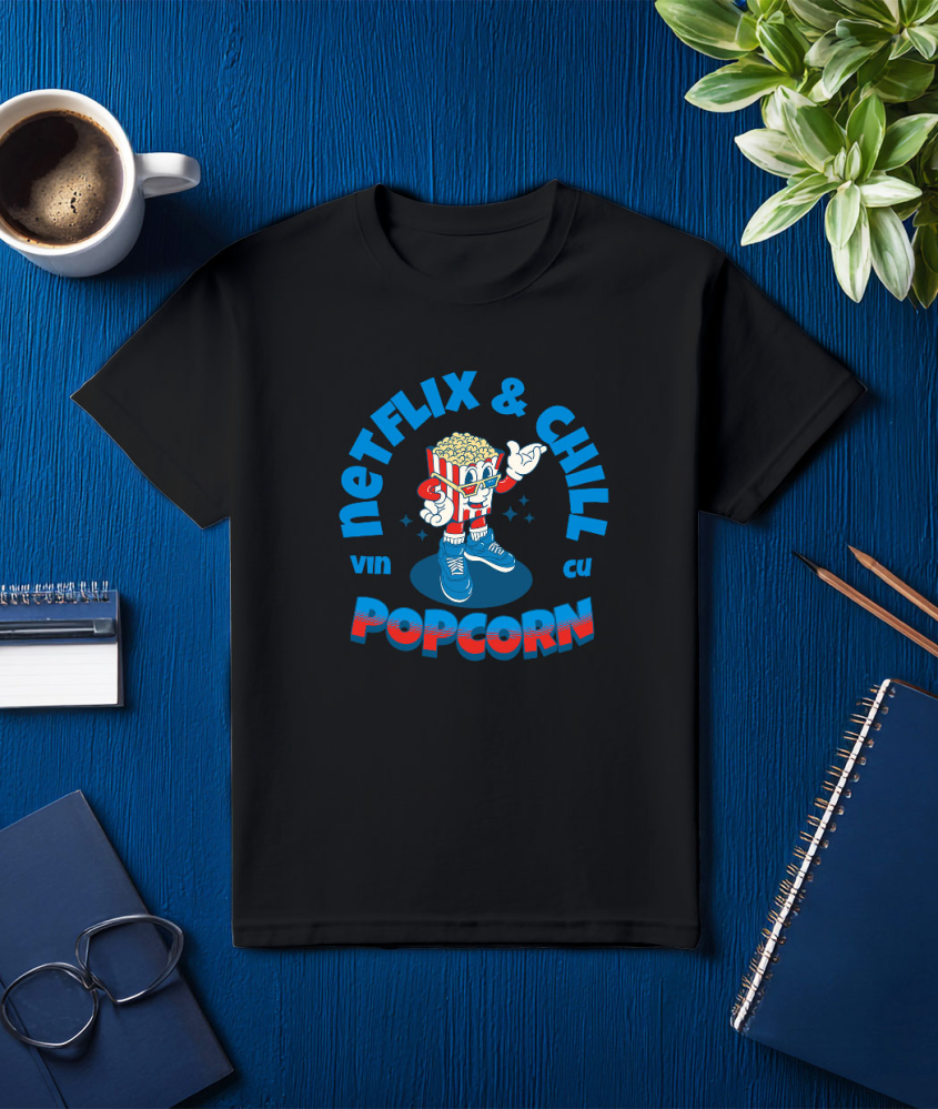 Tricou Femei, Barbati, Copii, Fata, Baiat, Unisex Personalizat Punga popcorn personalizată cu ochelari 3D și text Netflix & Chill – Cadou perfect pentru iubitorii de filme [3]