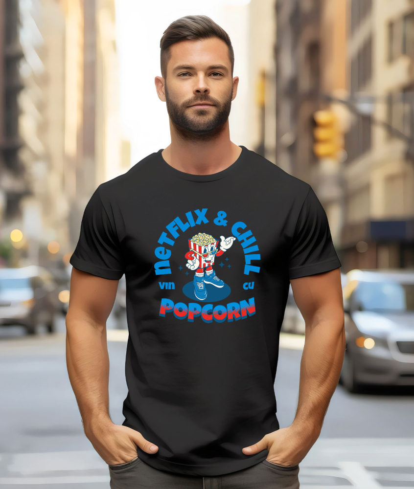 Tricou Femei, Barbati, Copii, Fata, Baiat, Unisex Personalizat Punga popcorn personalizată cu ochelari 3D și text Netflix & Chill – Cadou perfect pentru iubitorii de filme [2]
