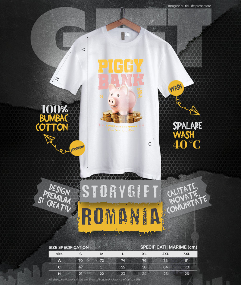Tricou Femei, Barbati, Copii, Fata, Baiat, Unisex Personalizat Pusculiță Porc cu Bani – Piggy Bank cu Monede de Aur și Bancnote pentru Investiții [4]