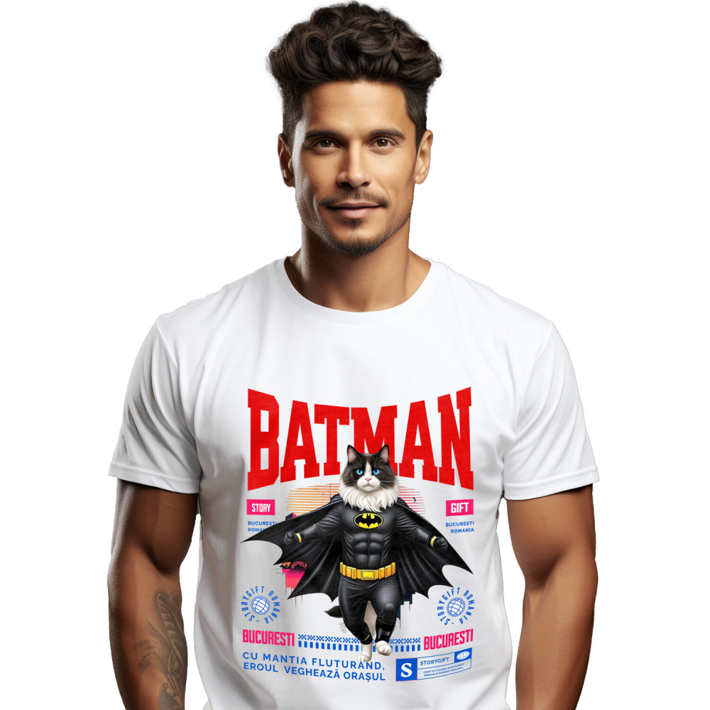 Tricou Femei, Barbati, Copii, Fata, Baiat, Unisex Personalizat Pisica Ragdoll în Costum de Batman – Un Supererou Adorabil pentru Copii și Iubitorii de Pisici [1]