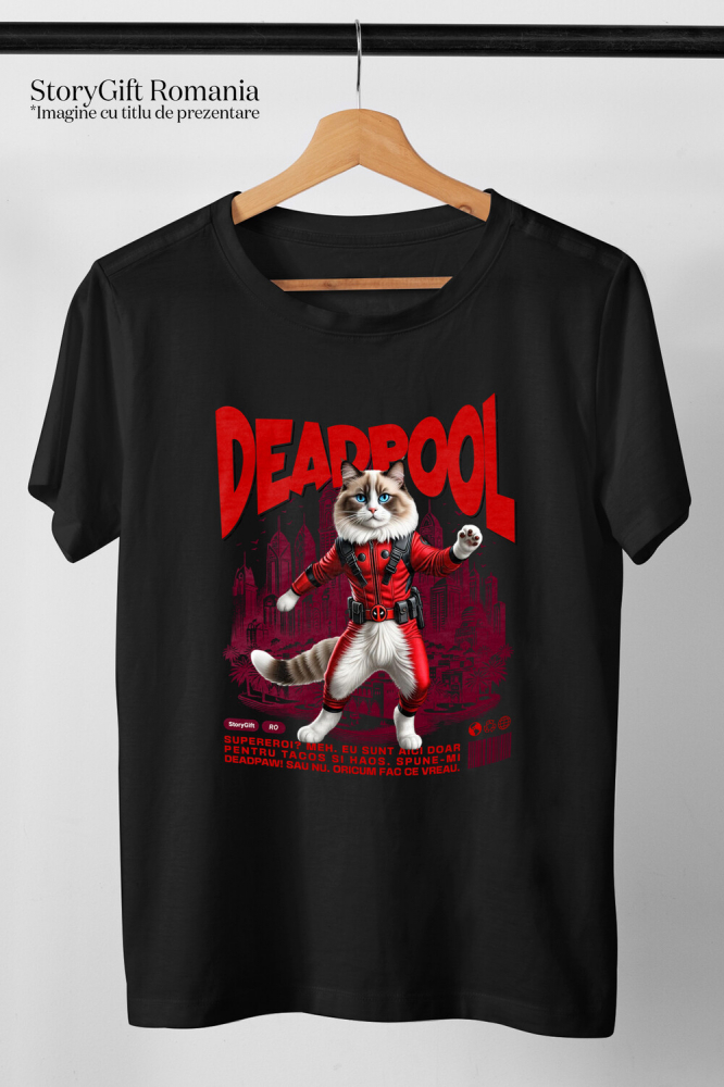 Tricou Femei, Barbati, Copii, Fata, Baiat, Unisex Personalizat Pisică Ragdoll în Costum Deadpool – Supererou Amuzant pentru Iubitorii de Pisici [3]