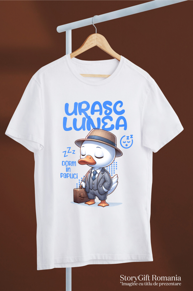 Tricou Femei, Barbati, Copii, Fata, Baiat, Unisex Personalizat Rata Albă Elegantă cu Costum și Servietă „Urăsc Lunea, Dorm în Papuci” - Cadou Haios [3]