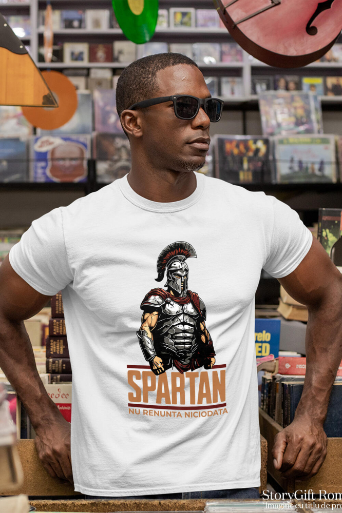Tricou Femei, Barbati, Copii, Fata, Baiat, Unisex Personalizat Războinic cavaler cu armură de fier și coif – "Spartan nu renunță niciodată" portret personalizat [2]