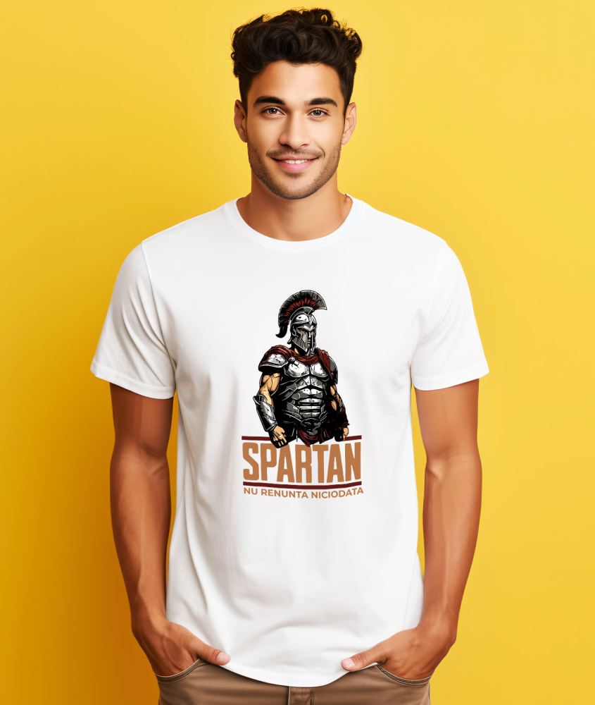Tricou Femei, Barbati, Copii, Fata, Baiat, Unisex Personalizat Războinic cavaler cu armură de fier și coif – "Spartan nu renunță niciodată" portret personalizat [2]