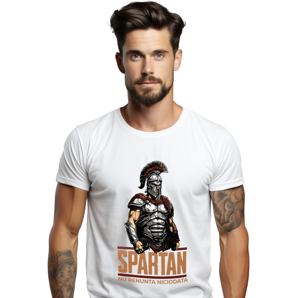 Tricou Femei, Barbati, Copii, Fata, Baiat, Unisex Personalizat Războinic cavaler cu armură de fier și coif – "Spartan nu renunță niciodată" portret personalizat [1]