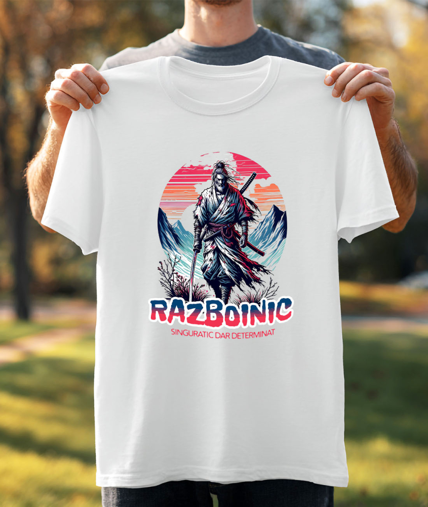 Tricou Femei, Barbati, Copii, Fata, Baiat, Unisex Personalizat Cadouri personalizate – Războinic stil asiatic pe vârful muntelui cu sabie și apus de soare [3]