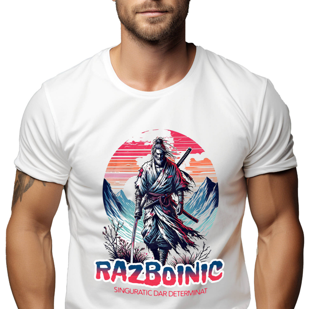 Tricou Femei, Barbati, Copii, Fata, Baiat, Unisex Personalizat Cadouri personalizate – Războinic stil asiatic pe vârful muntelui cu sabie și apus de soare [1]