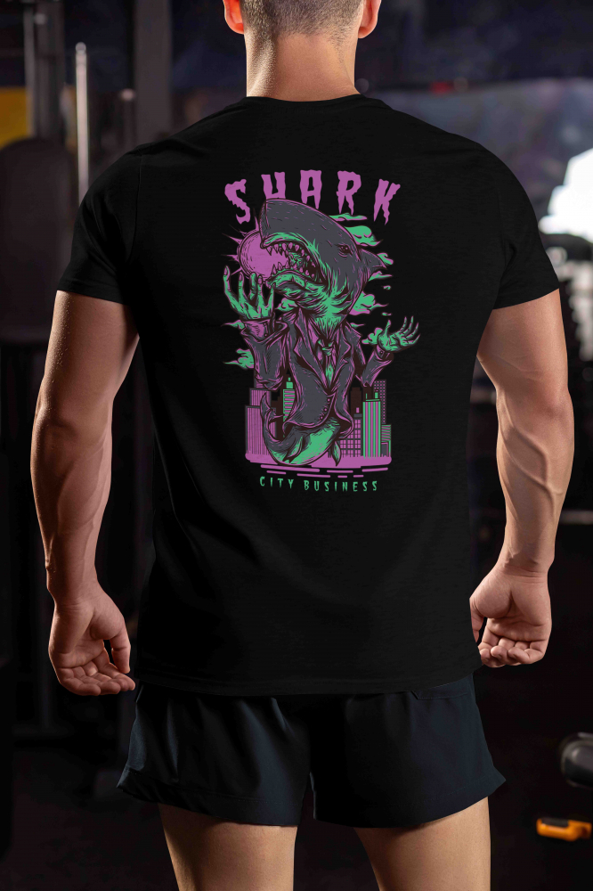 Tricou Barbati Cu Rechin In Costum Elegant In Oras Noapte, Text IN Engleza Shark, Font Horror, Iubitorii De Arta Bizara,  cu imprimeu pe Spate, 100% Bumbac,  Negru, S [2]