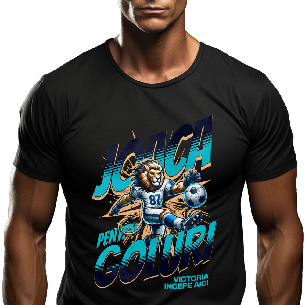 Tricou Femei, Barbati, Copii, Fata, Baiat, Unisex Personalizat Regele Leu Jucător Fotbal – Uniformă Albastră și Lovitură Minge Motivatională [1]