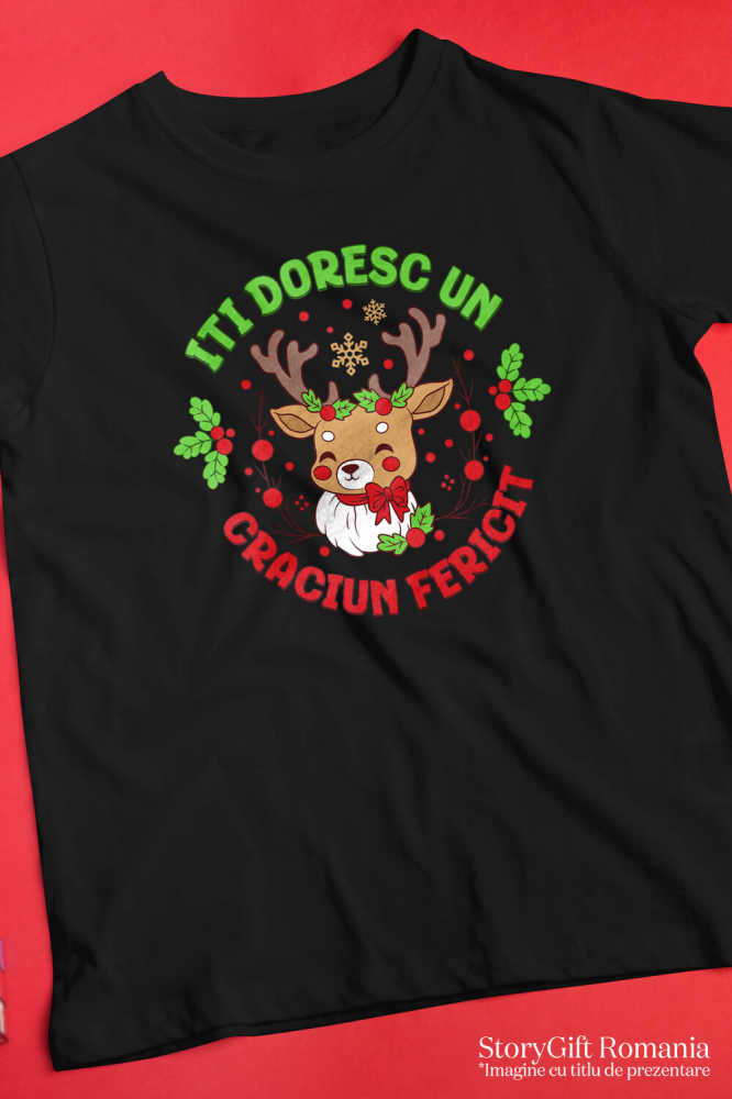 Tricou Femei, Barbati, Copii, Fata, Baiat, Unisex Personalizat Ren cu Coarne Lungi Impodobite - Îți Doresc Un Crăciun Fericit [3]