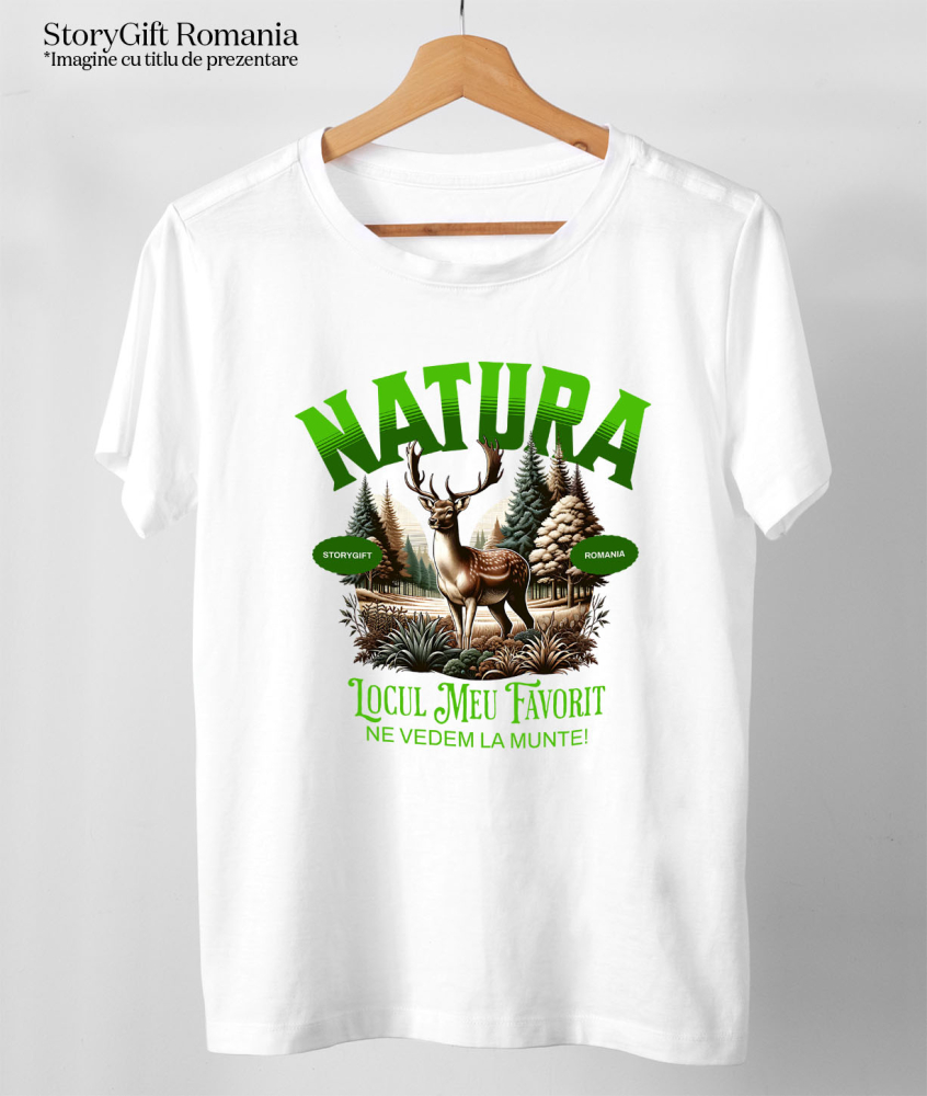 Tricou Femei, Barbati, Copii, Fata, Baiat, Unisex Personalizat "Ren cu Coarne Lungi în Pădure – Locul Meu Preferat la Munte" [3]