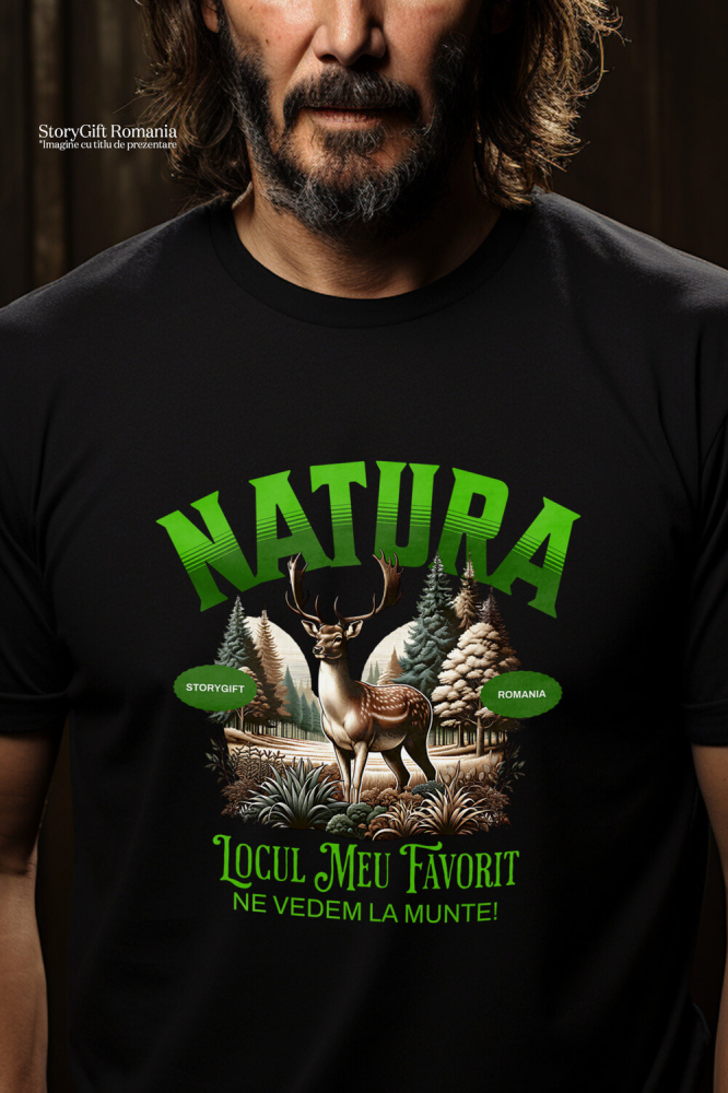 Tricou Femei, Barbati, Copii, Fata, Baiat, Unisex Personalizat "Ren cu Coarne Lungi în Pădure – Locul Meu Preferat la Munte" [2]