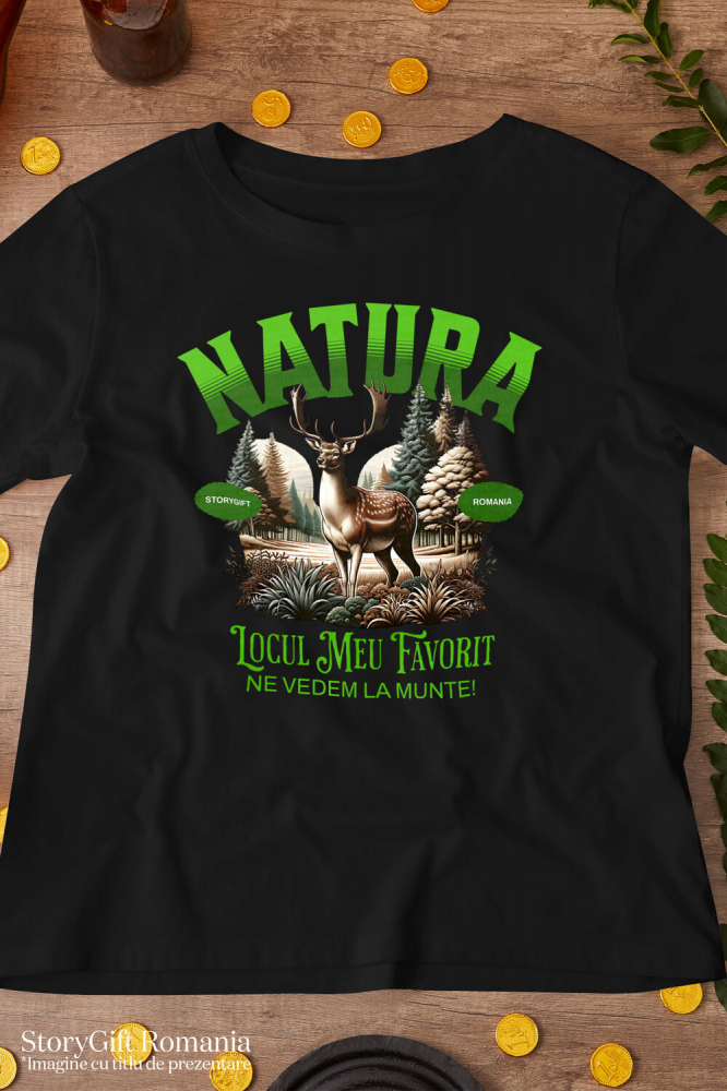 Tricou Femei, Barbati, Copii, Fata, Baiat, Unisex Personalizat "Ren cu Coarne Lungi în Pădure – Locul Meu Preferat la Munte" [3]