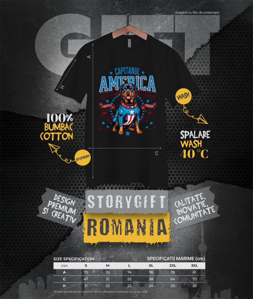 Tricou Femei, Barbati, Copii, Fata, Baiat, Unisex Personalizat Rottweiler în Costum Captain America cu Pelerină - Cadou Personalizat pentru Copii și Iubitorii de Câini [4]