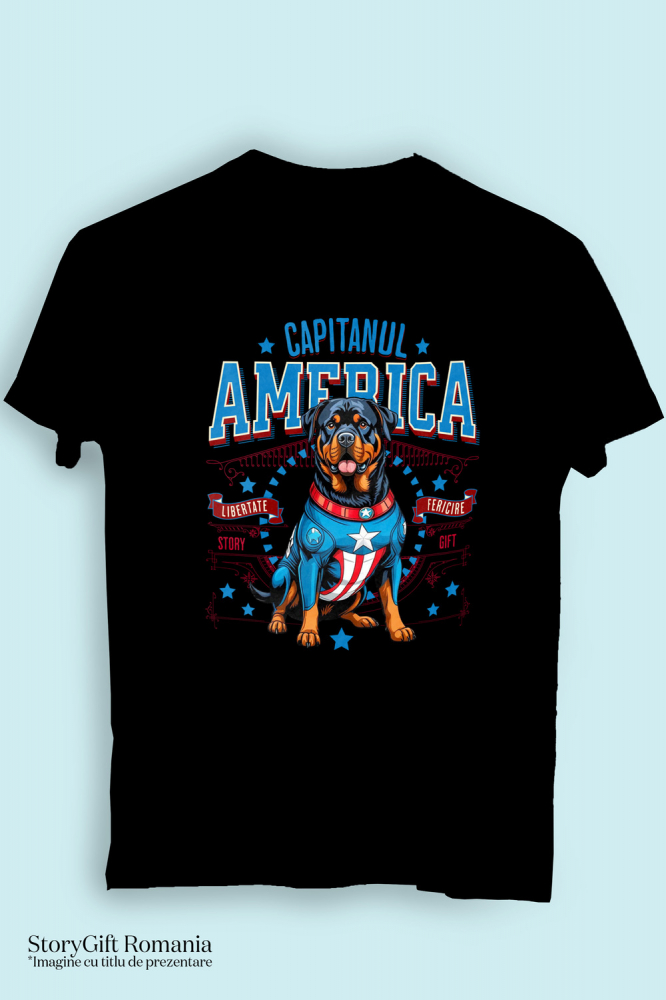 Tricou Femei, Barbati, Copii, Fata, Baiat, Unisex Personalizat Rottweiler în Costum Captain America cu Pelerină - Cadou Personalizat pentru Copii și Iubitorii de Câini [3]