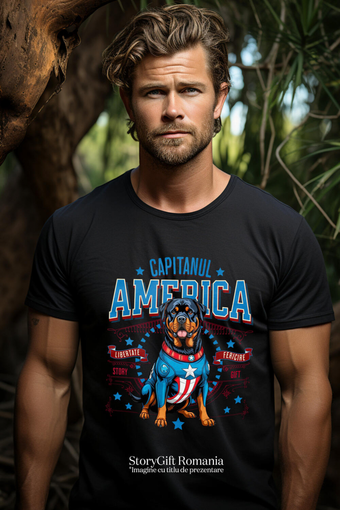 Tricou Femei, Barbati, Copii, Fata, Baiat, Unisex Personalizat Rottweiler în Costum Captain America cu Pelerină - Cadou Personalizat pentru Copii și Iubitorii de Câini [2]