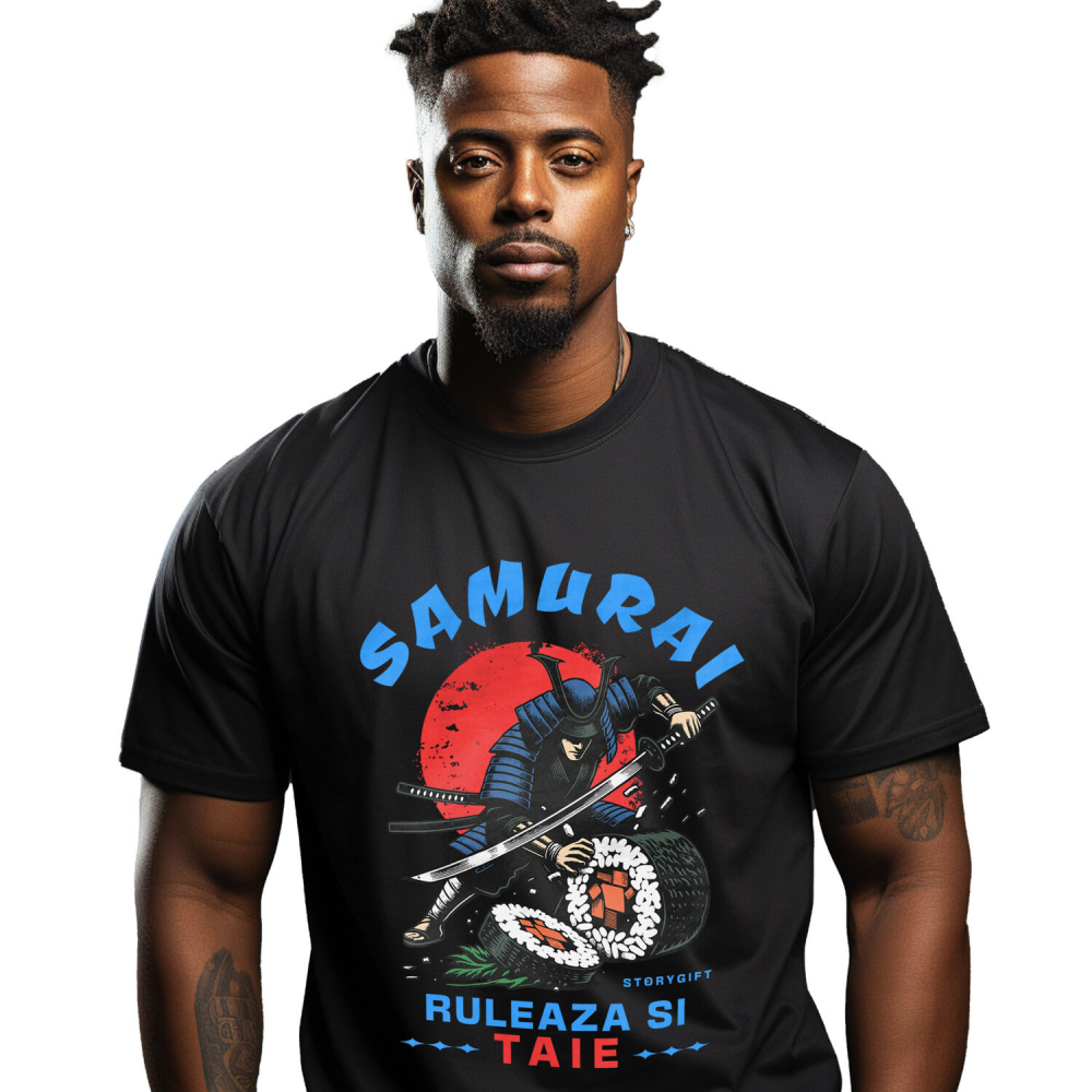 Tricou Femei, Barbati, Copii, Fata, Baiat, Unisex Personalizat Samurai Ninja cu Sabie Ascuțită și Sushi - Cadouri Personalizate pentru Iubitorii de Mâncare Chinezească și Umor [1]