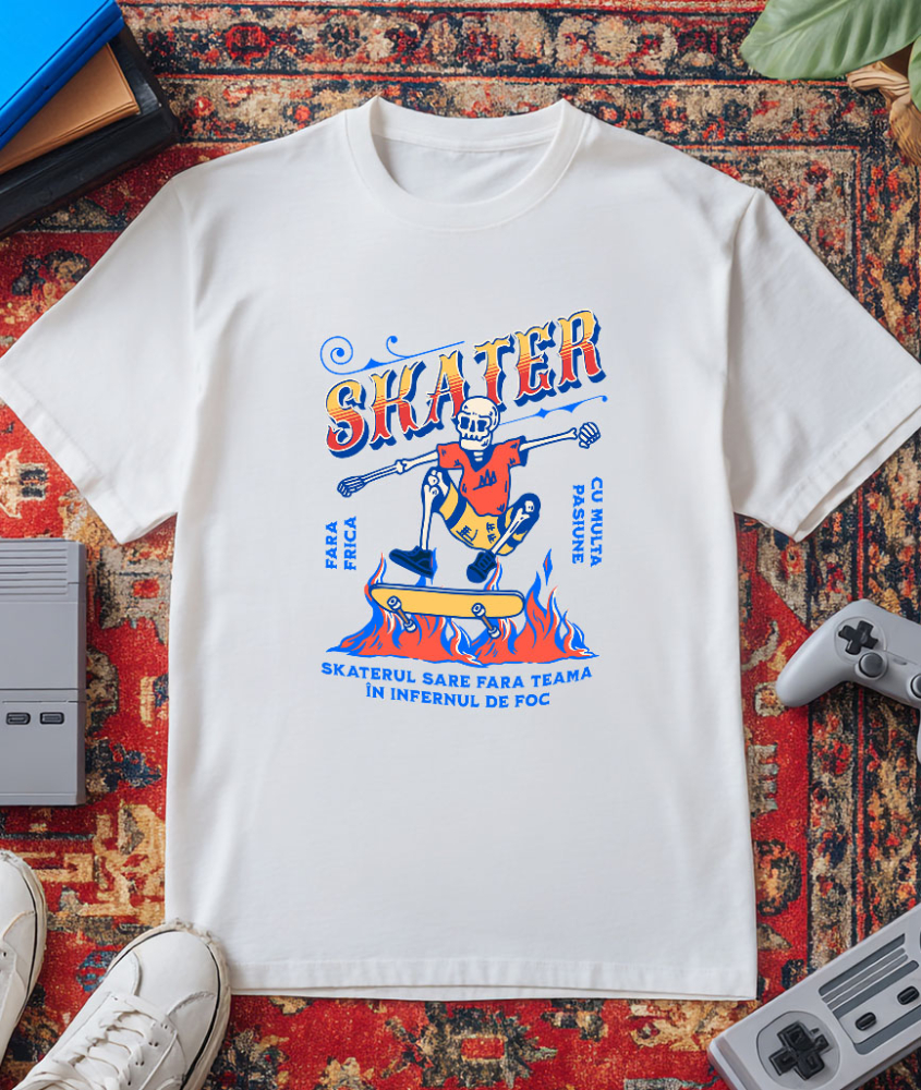 Tricou Femei, Barbati, Copii, Fata, Baiat, Unisex Personalizat Schelet Skateboard Craniu în Flăcări – Design Extrem pentru Skateri [3]