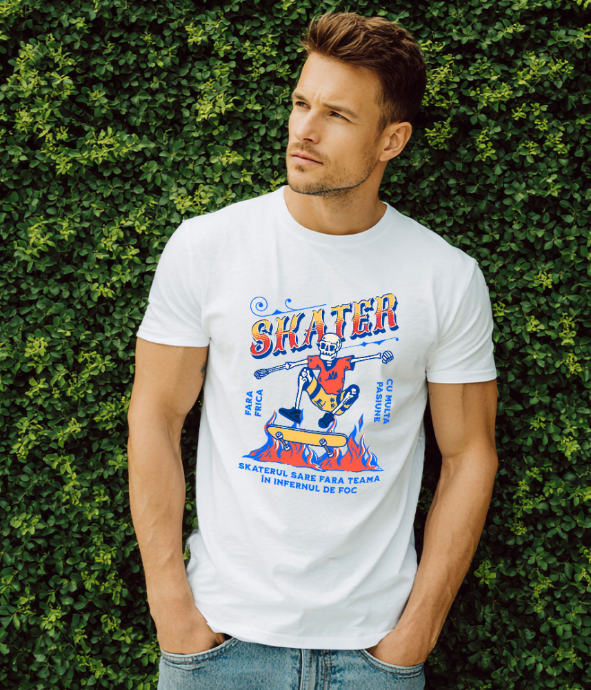 Tricou Femei, Barbati, Copii, Fata, Baiat, Unisex Personalizat Schelet Skateboard Craniu în Flăcări – Design Extrem pentru Skateri [2]