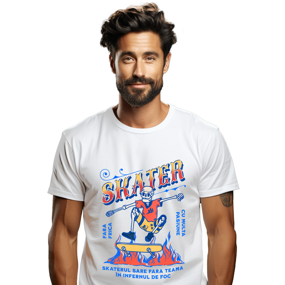 Tricou Femei, Barbati, Copii, Fata, Baiat, Unisex Personalizat Schelet Skateboard Craniu în Flăcări – Design Extrem pentru Skateri [1]