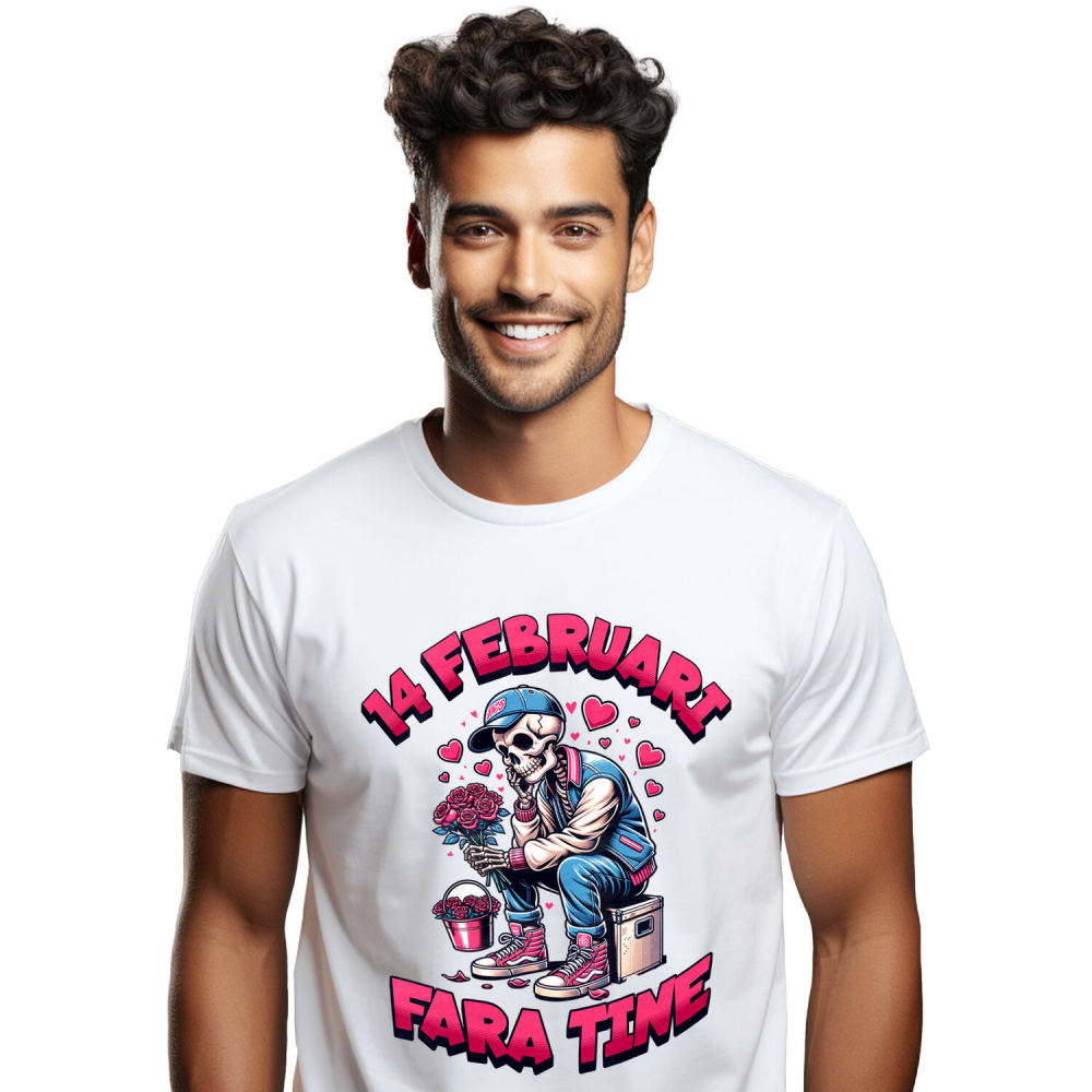 Tricou Femei, Barbati, Copii, Fata, Baiat, Unisex Personalizat „Schelete Cu Buchet De Flori Trist - Cadou Personalizat „14 Februarie Fără Tine, Dragoste” pentru Familie, Copii și Prieteni de Valentine's Day” [1]