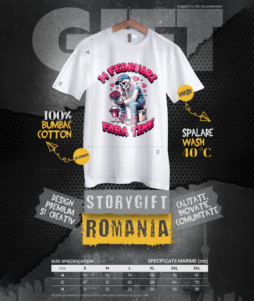 Tricou Femei, Barbati, Copii, Fata, Baiat, Unisex Personalizat „Schelete Cu Buchet De Flori Trist - Cadou Personalizat „14 Februarie Fără Tine, Dragoste” pentru Familie, Copii și Prieteni de Valentine's Day” [4]