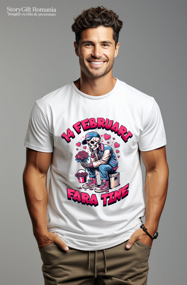 Tricou Femei, Barbati, Copii, Fata, Baiat, Unisex Personalizat „Schelete Cu Buchet De Flori Trist - Cadou Personalizat „14 Februarie Fără Tine, Dragoste” pentru Familie, Copii și Prieteni de Valentine's Day” [2]