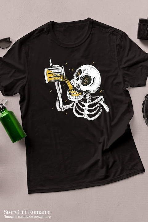 Tricou Barbati Cu Schelete Om Turnand O Halga De Bere In Gura, Alcool, Haios, Barbati, Cadou Pentru Iubitorii De Bere, Negru, Galben cu imprimeu pe Fata, 100% Bumbac, Negru, M [3]
