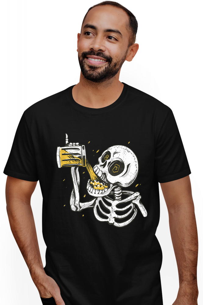 Tricou Barbati Cu Schelete Om Turnand O Halga De Bere In Gura, Alcool, Haios, Barbati, Cadou Pentru Iubitorii De Bere, Negru, Galben  cu imprimeu pe Fata, 100% Bumbac, Negru, M [1]