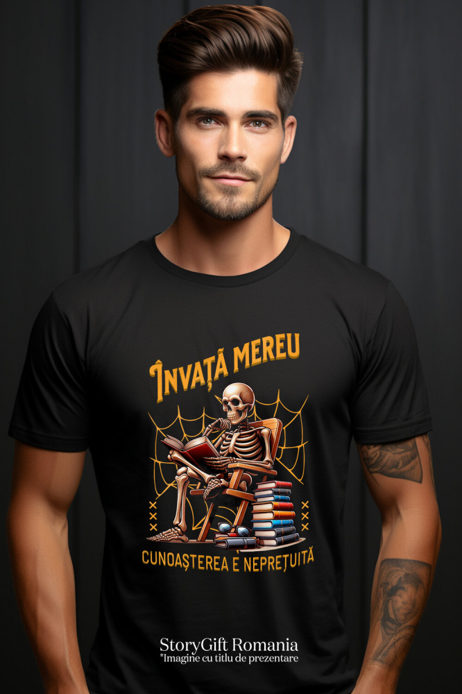 Tricou Femei, Barbati, Copii, Fata, Baiat, Unisex Personalizat Schelet Citind Cartea „Invata Mereu” - Cadou Educațional și Motivațional [2]