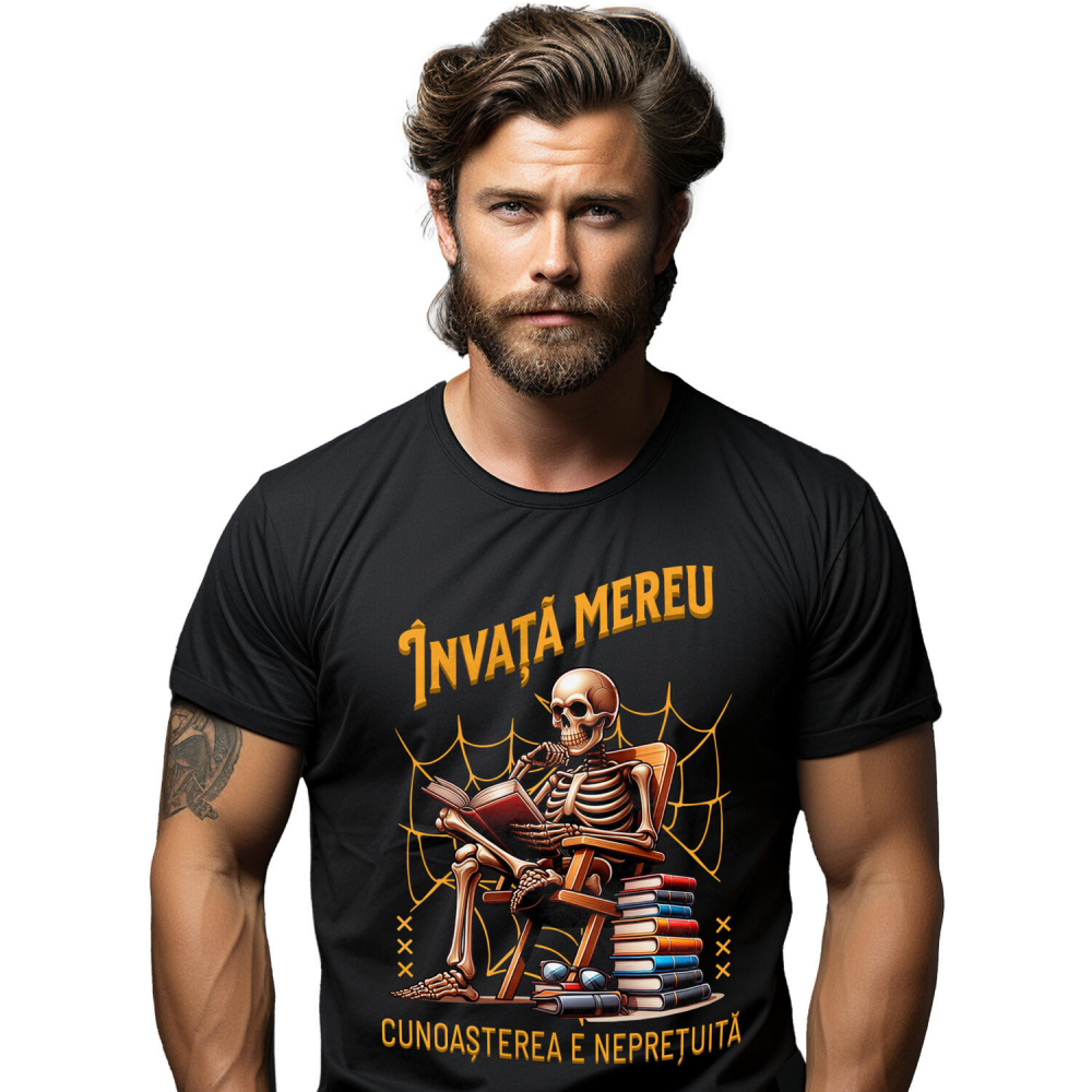 Tricou Femei, Barbati, Copii, Fata, Baiat, Unisex Personalizat Schelet Citind Cartea „Invata Mereu” - Cadou Educațional și Motivațional [1]