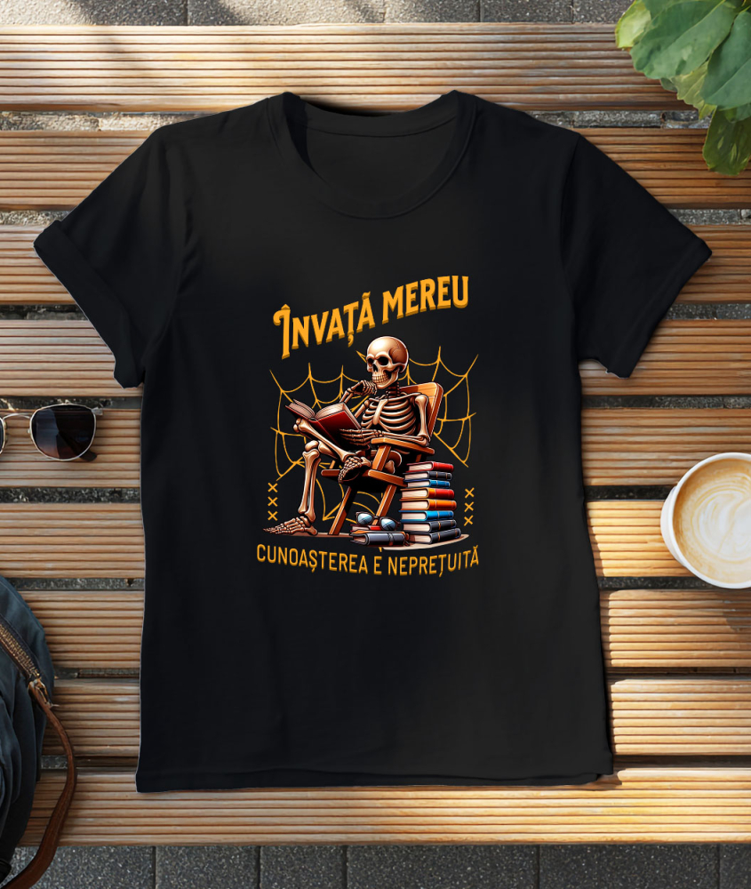 Tricou Femei, Barbati, Copii, Fata, Baiat, Unisex Personalizat Schelet Citind Cartea „Invata Mereu” - Cadou Educațional și Motivațional [3]