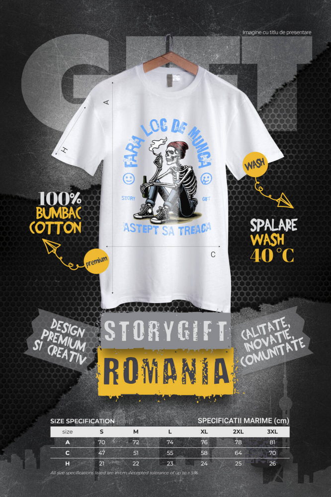 Tricou Femei, Barbati, Copii, Fata, Baiat, Unisex Personalizat Schelet Uman cu Țigară și Bere - Cadou Personalizat „Fără Loc de Muncă, Aștept să Treacă Oboseala” [4]