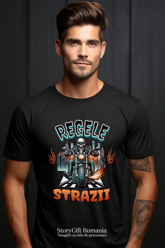 Tricou Femei, Barbati, Copii, Fata, Baiat, Unisex Personalizat Schelet Motociclist în Geacă de Piele – Flăcări și Oraș Noaptea [2]