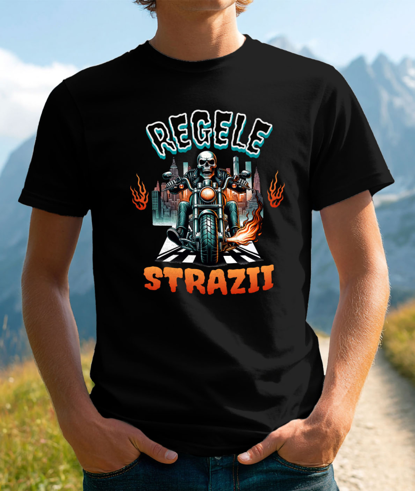 Tricou Femei, Barbati, Copii, Fata, Baiat, Unisex Personalizat Schelet Motociclist în Geacă de Piele – Flăcări și Oraș Noaptea [2]