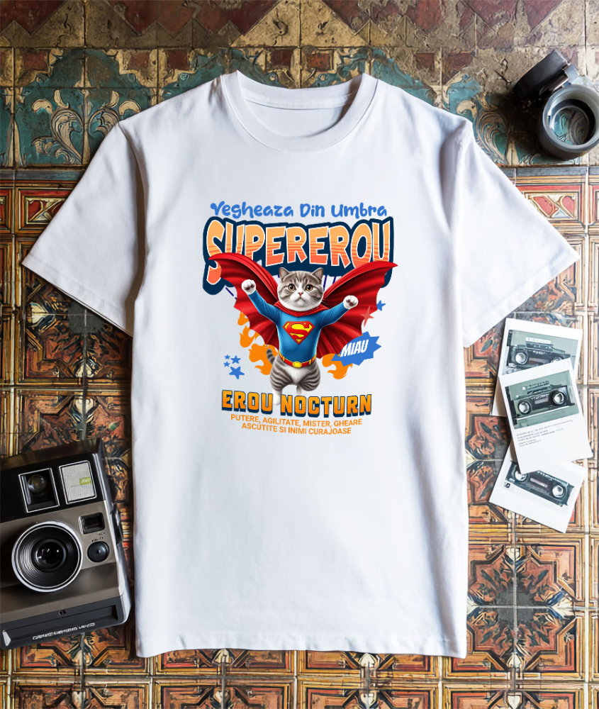 Tricou Femei, Barbati, Copii, Fata, Baiat, Unisex Personalizat Imagine cu o pisică Scottish Fold îmbrăcată în costum de Superman, cu pelerină roșie. Design original, perfect pentru produse personalizate dedicate iubitorilor de pisici și fanilor supereroilor. [3]