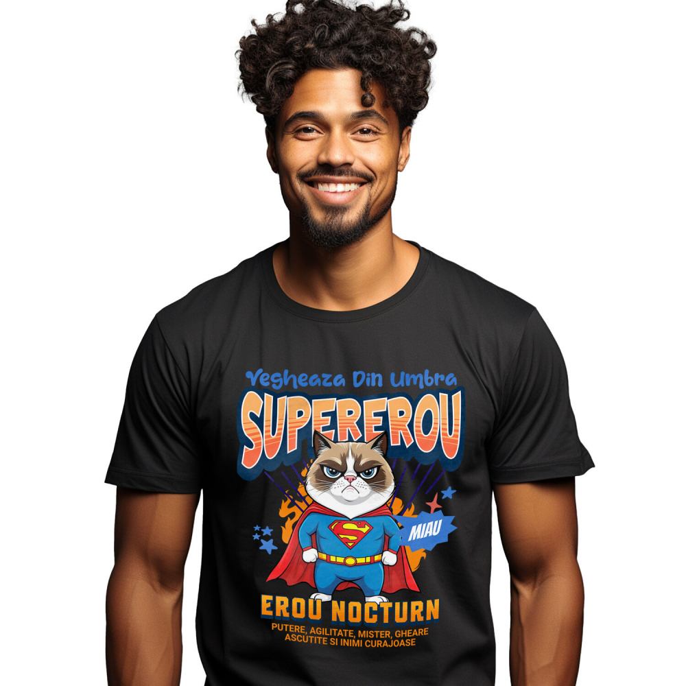 Tricou Femei, Barbati, Copii, Fata, Baiat, Unisex Personalizat Scottish Fold în Costum de Superman – Cadou Haios pentru Iubitorii de Pisici [1]