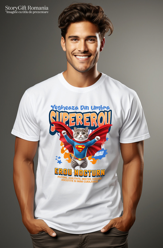 Tricou Femei, Barbati, Copii, Fata, Baiat, Unisex Personalizat Imagine cu o pisică Scottish Fold îmbrăcată în costum de Superman, cu pelerină roșie. Design original, perfect pentru produse personalizate dedicate iubitorilor de pisici și fanilor supereroilor. [2]