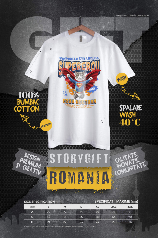 Tricou Femei, Barbati, Copii, Fata, Baiat, Unisex Personalizat Imagine cu o pisică Scottish Fold îmbrăcată în costum de Superman, cu pelerină roșie. Design original, perfect pentru produse personalizate dedicate iubitorilor de pisici și fanilor supereroilor. [4]