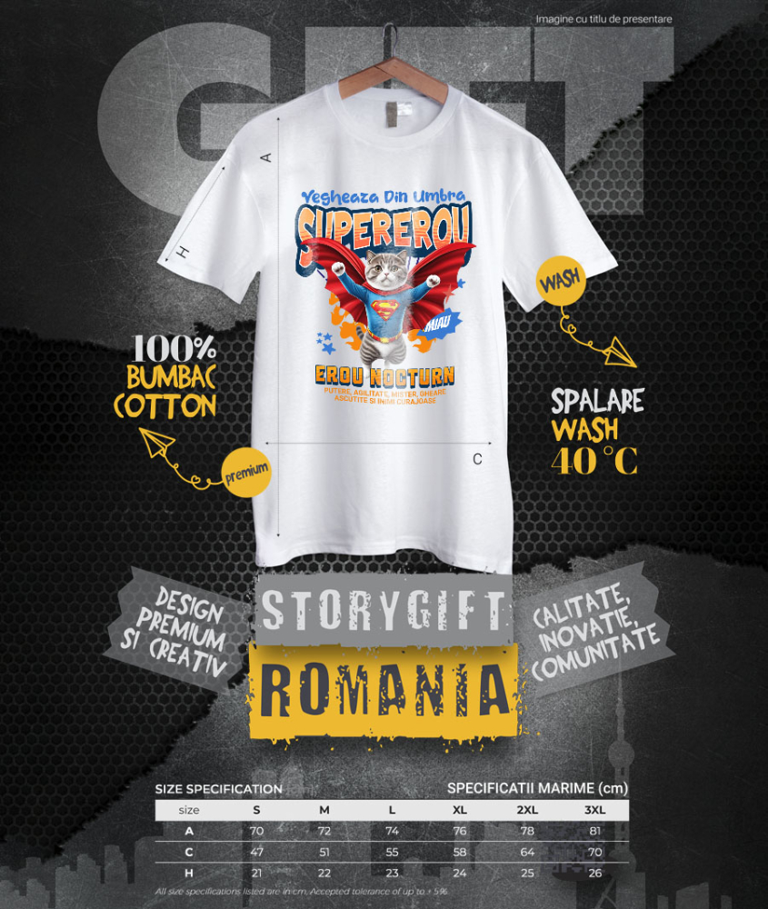 Tricou Femei, Barbati, Copii, Fata, Baiat, Unisex Personalizat Imagine cu o pisică Scottish Fold îmbrăcată în costum de Superman, cu pelerină roșie. Design original, perfect pentru produse personalizate dedicate iubitorilor de pisici și fanilor supereroilor. [4]
