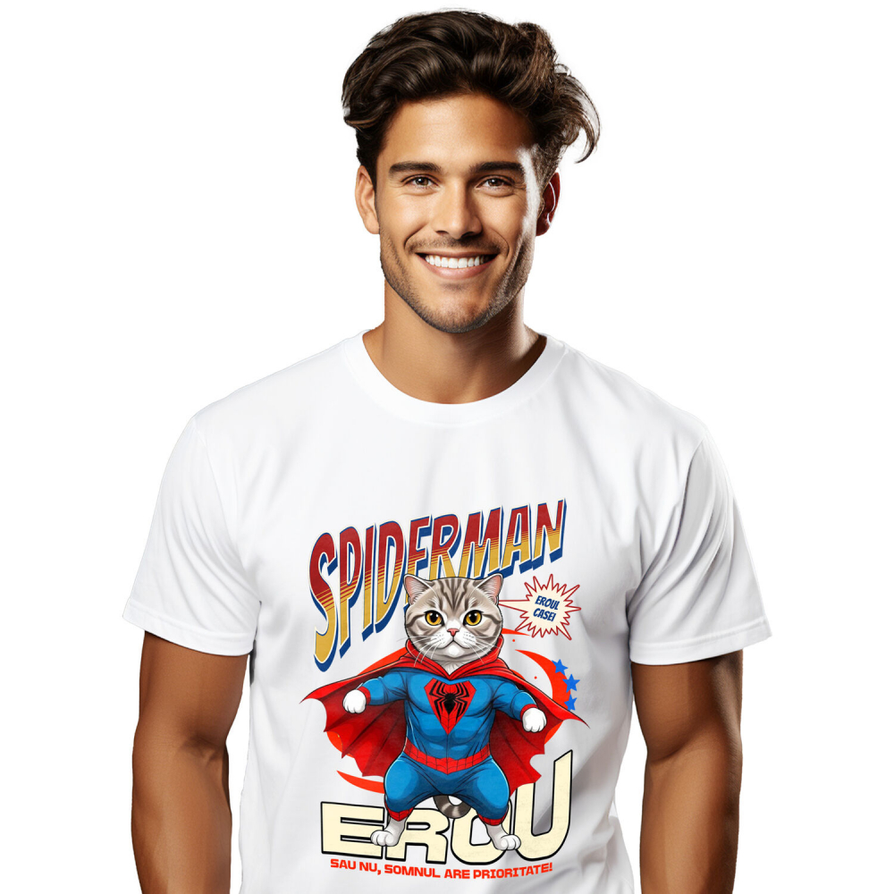 Tricou Femei, Barbati, Copii, Fata, Baiat, Unisex Personalizat Pisică Scottish Fold în Costum Spider-Man - Cadou Personalizat pentru Iubitorii de Pisici și Copii [1]