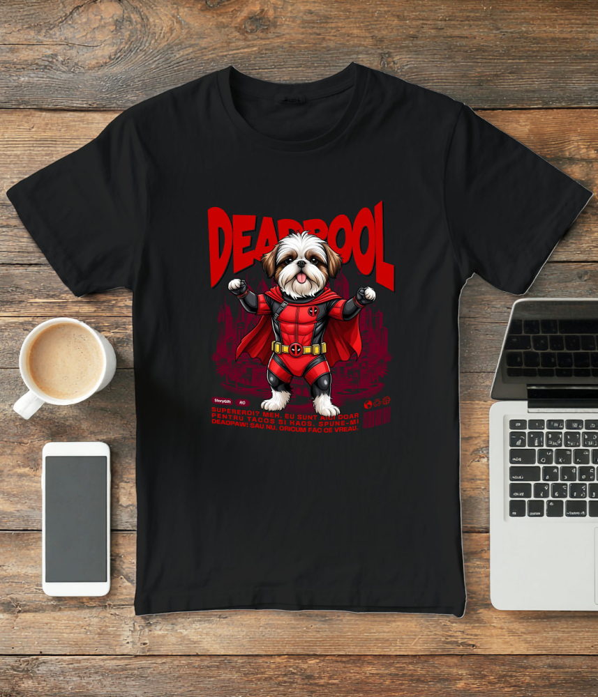 Tricou Femei, Barbati, Copii, Fata, Baiat, Unisex Personalizat Shih Tzu în Costum Deadpool – Câine Supererou Amuzant și Personalizat [3]