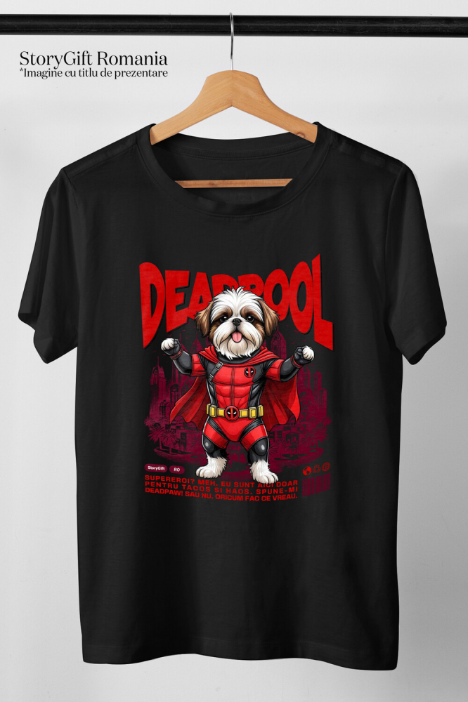 Tricou Femei, Barbati, Copii, Fata, Baiat, Unisex Personalizat Shih Tzu în Costum Deadpool – Câine Supererou Amuzant și Personalizat [3]