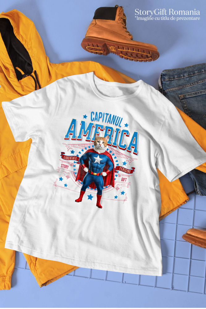 Tricou Femei, Barbati, Copii, Fata, Baiat, Unisex Personalizat Pisica Siameză în Costum de Captain America cu Pelerină - Cadou Personalizat pentru Copii și Iubitorii de Pisici [3]