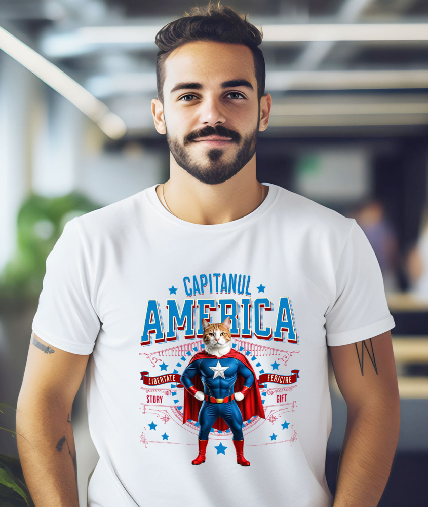 Tricou Femei, Barbati, Copii, Fata, Baiat, Unisex Personalizat Pisica Siameză în Costum de Captain America cu Pelerină - Cadou Personalizat pentru Copii și Iubitorii de Pisici [2]