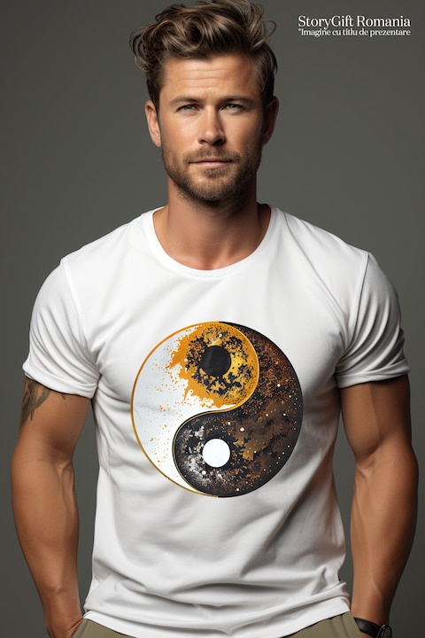Tricou Barbati Cu Simbol Ying Si Yang, Bine Si Rau, Discrepanta Dintre Alb Si Negru, Crezatorii De Mit, cu imprimeu pe Fata, 100% Bumbac, Alb, M [2]