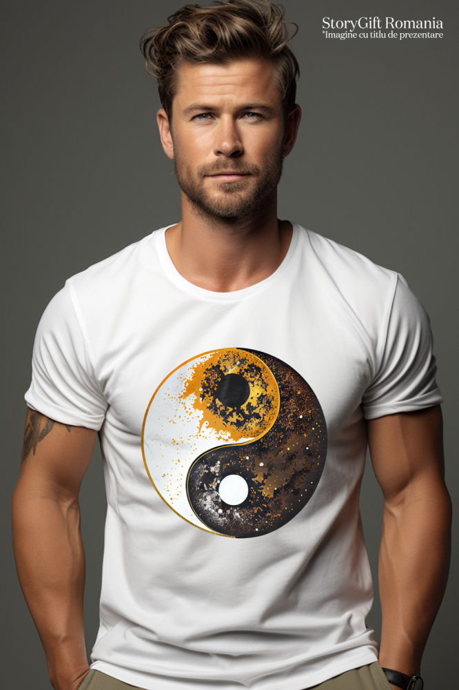 Tricou Barbati Cu Simbol Ying Si Yang, Bine Si Rau, Discrepanta Dintre Alb Si Negru, Crezatorii De Mit,  cu imprimeu pe Fata, 100% Bumbac,  Alb, M [2]