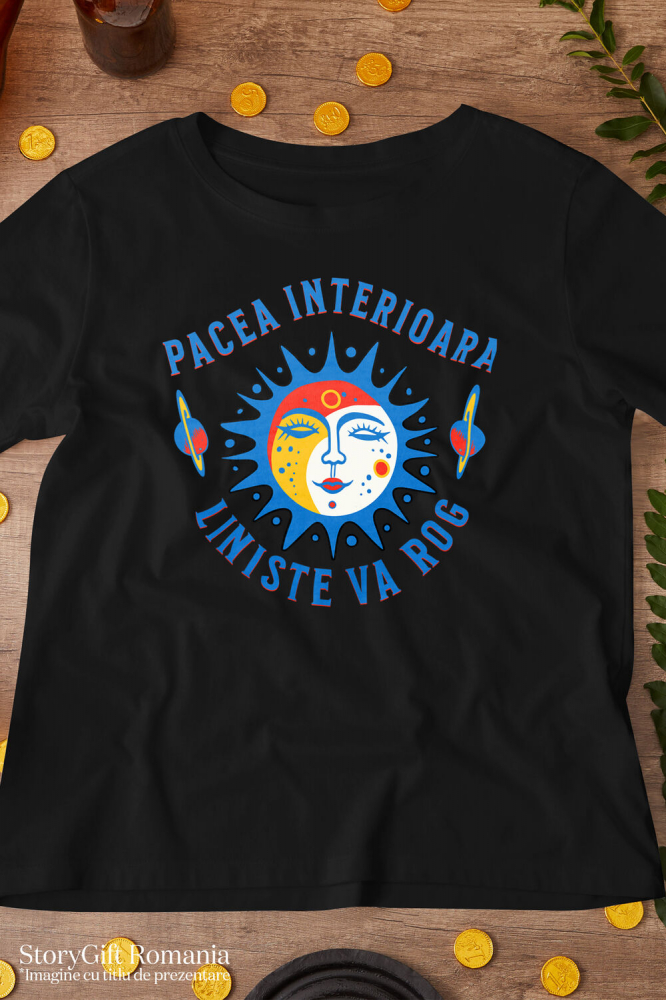 Tricou Femei, Barbati, Copii, Fata, Baiat, Unisex Personalizat Soare cu Chip Feminin și Planete Zburătoare - „Pacea Interioară, Liniște, Vă Rog” - Cadou Motivațional [3]
