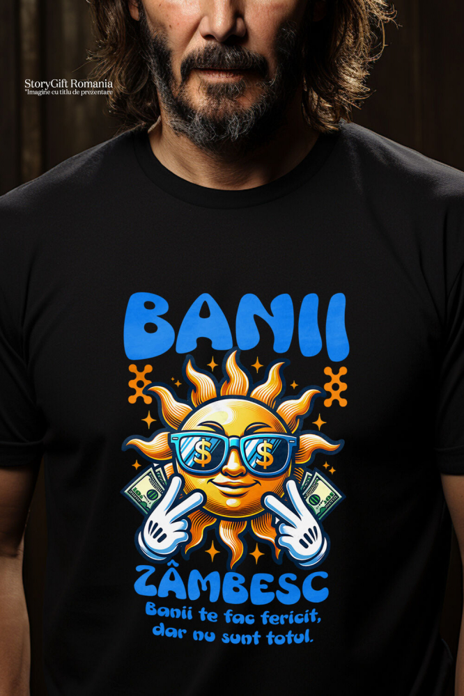 Tricou Femei, Barbati, Copii, Fata, Baiat, Unisex Personalizat Soare Zâmbitor cu Ochelari și Bancnote – „Banii Zâmbesc, Banii Te Fac Fericit” – Cadou Personalizat pentru Familie, Tati, Copii, Prieteni [2]