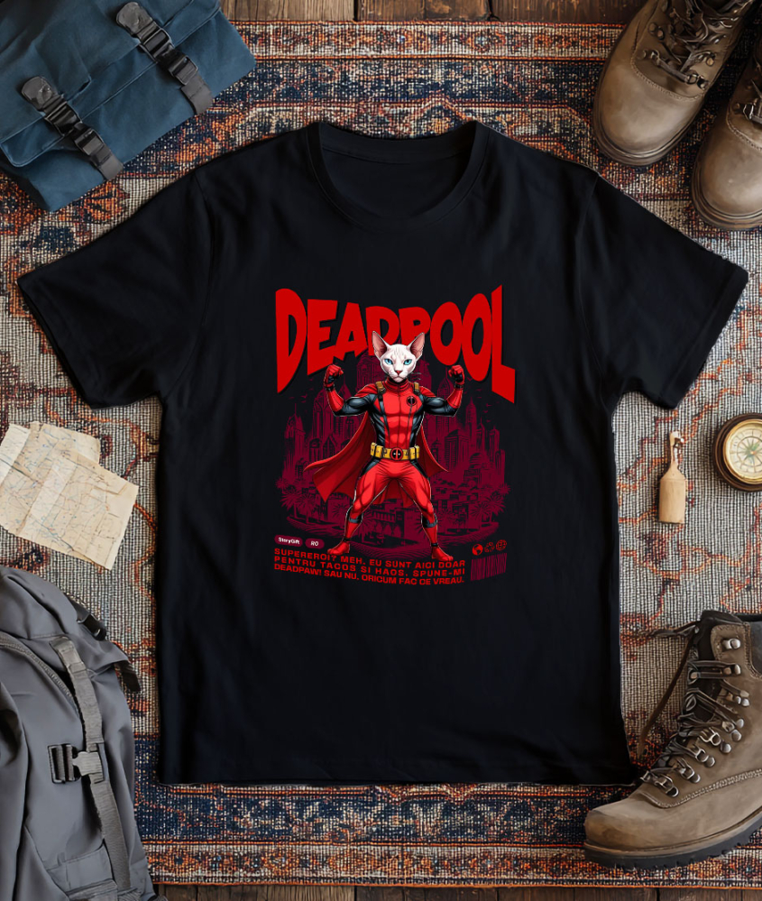 Tricou Femei, Barbati, Copii, Fata, Baiat, Unisex Personalizat Pisică Sphynx în Costum Deadpool – Supererou Haioș pentru Iubitorii de Animale [3]